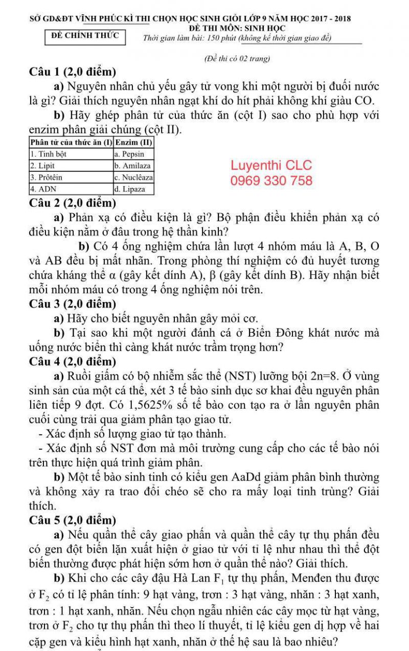 Đề thi chọn HSG và đáp án môn Sinh học lớp 9 tỉnh Vĩnh Phúc năm 2017