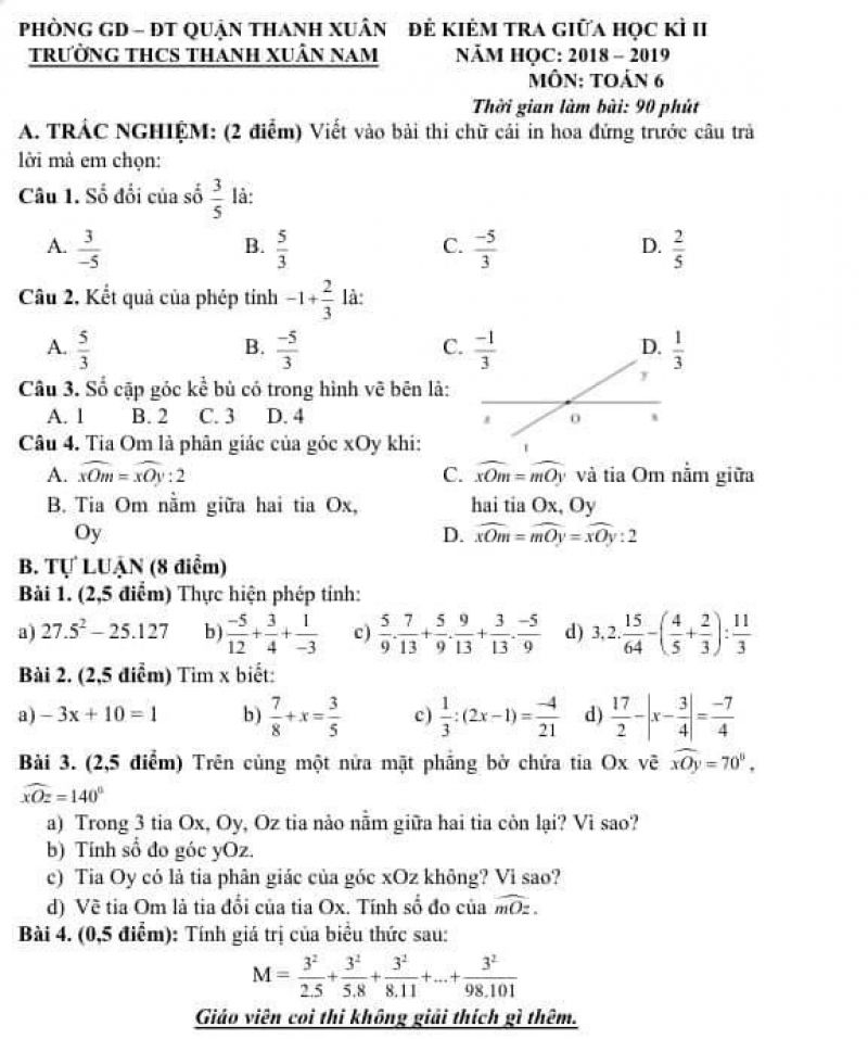 Đề kiểm tra giữa học kì II môn Toán lớp 6 Trường THCS Thanh Xuân Nam