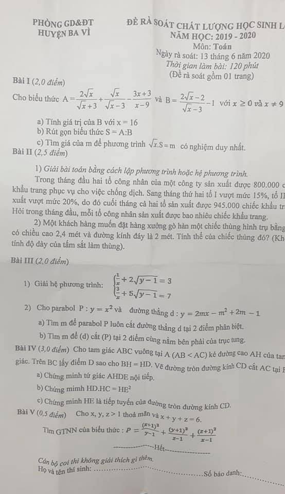 đề Kiểm Tra Chất Lượng Học Sinh Lớp 10 Mon Toan Huyện Ba Vi Năm