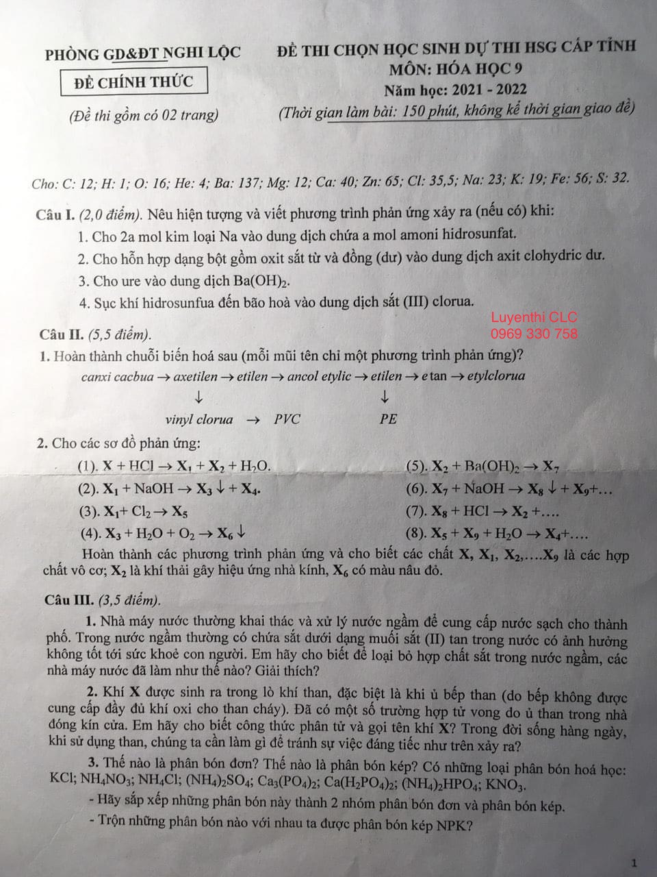 Đề thi chọn học sinh dự thi HSG môn Hóa Học lớp 9 huyện Nghi Lộc ...