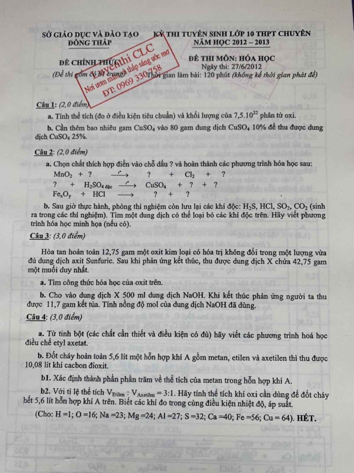 Đề thi tuyển sinh v&agrave;o lớp 10 THPT CHUY&Ecirc;N v&agrave; đ&aacute;p &aacute;n m&ocirc;n H&oacute;a Học tỉnh Đồng  Th&aacute;p năm 2012