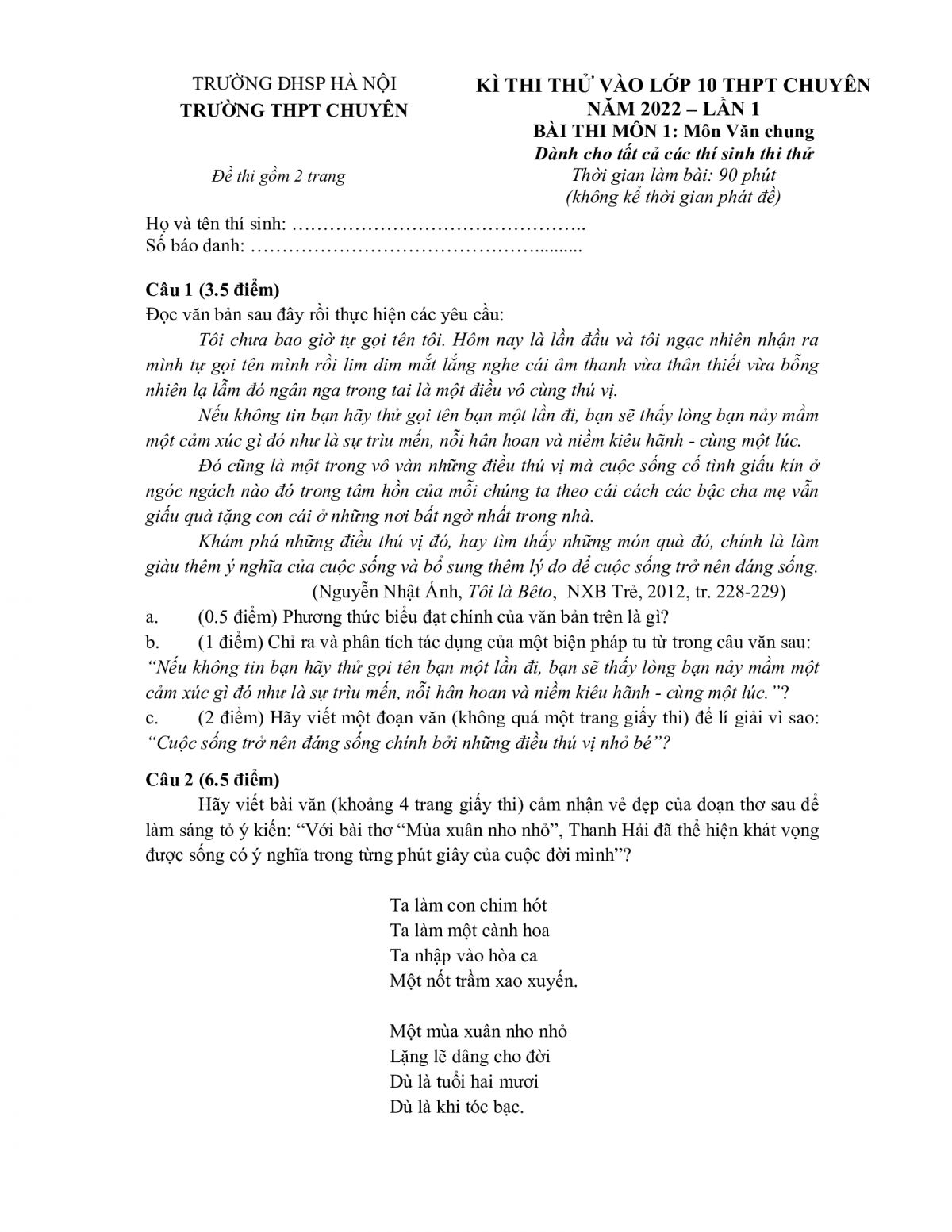 Đề thử v&agrave;o lớp 10 THPT CHUY&Ecirc;N m&ocirc;n Ngữ Văn Trường THPT CHUY&Ecirc;N Đại học Sư phạm H&agrave; Nội năm 2022