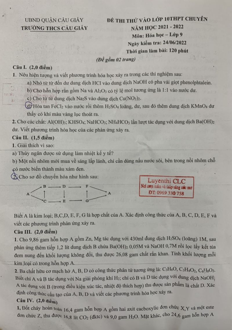 Đề thi thử vào lớp 10 THPT CHUYÊN môn Hóa Học lớp 9 Trường THCS Cầu Giấy, quận Cầu Giấy, Hà Nội năm 2022