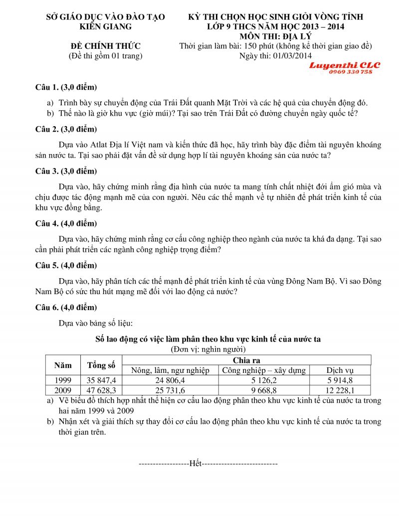 Đề thi chọn HSG m&ocirc;n Địa L&iacute; lớp 9 THCS tỉnh Ki&ecirc;n Giang năm 2014