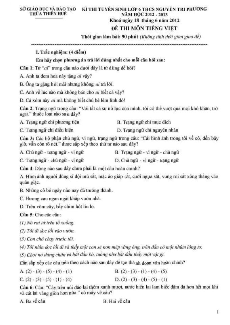 Đề thi tuyển sinh lớp 6 m&ocirc;n Tiếng Việt Trường THCS Nguyễn Tri Phương tỉnh Thừa Thi&ecirc;n Huế năm 2012