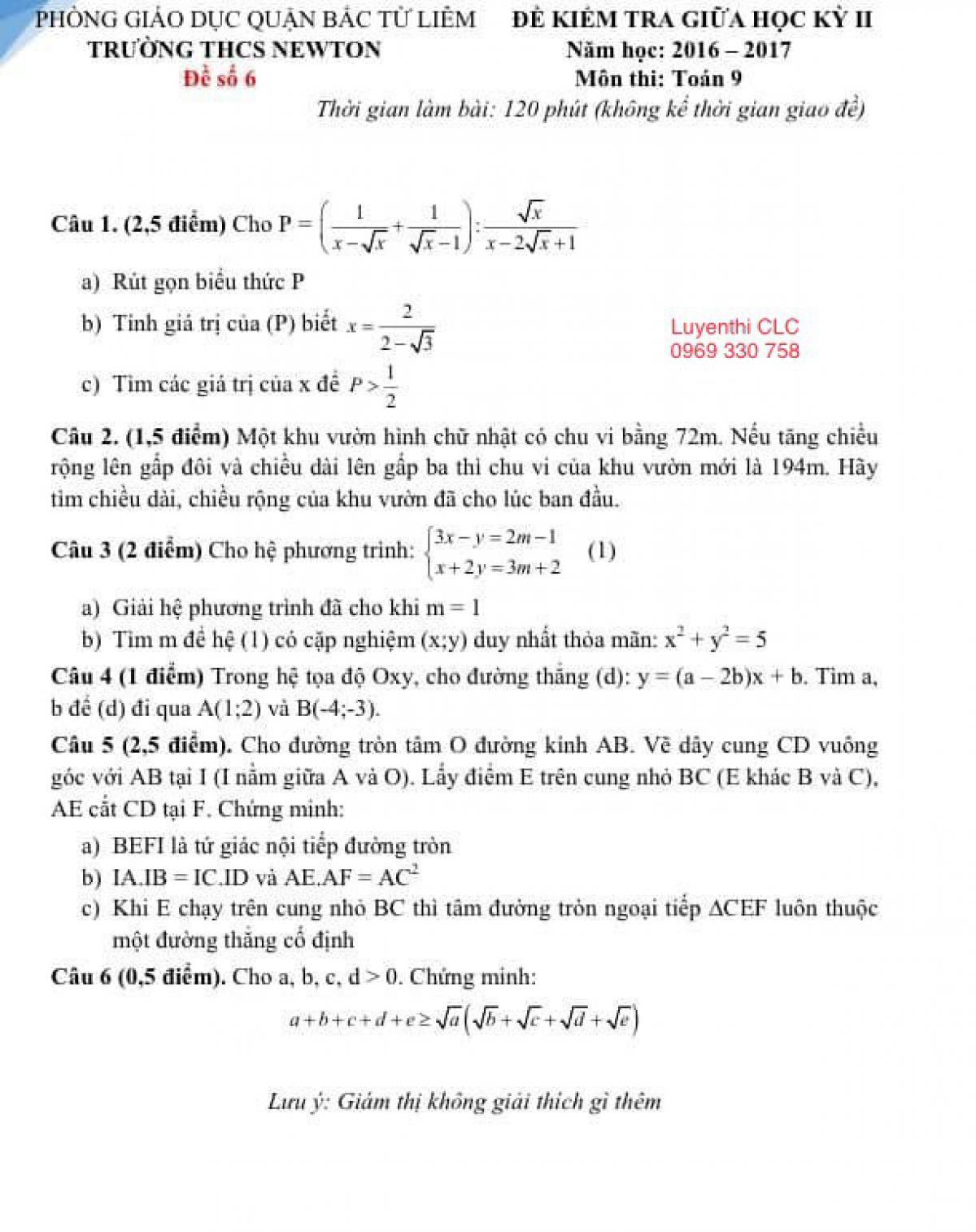 Đề kiểm tra giữa học kì II môn Toán lớp 9 Trường THCS NEWTON, quận Bắc Từ Liêm, Hà Nội năm 2016