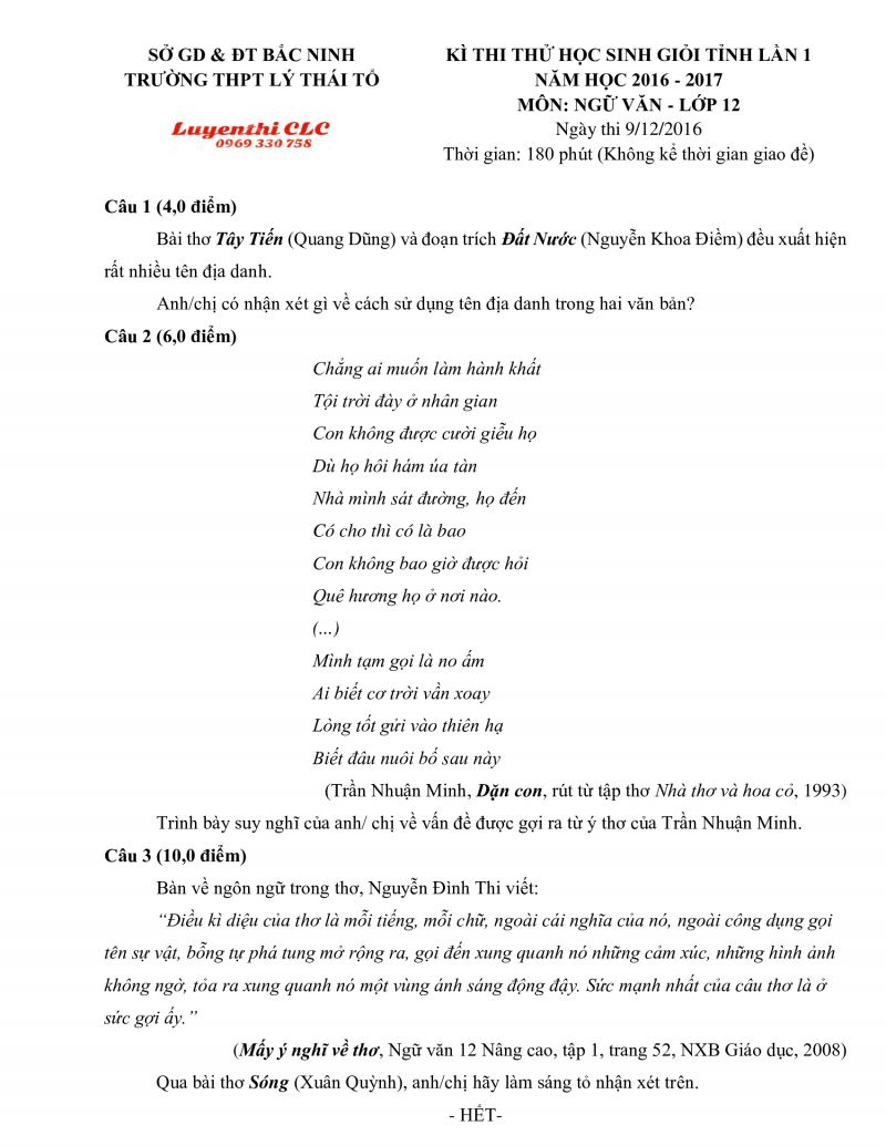 Đề thi HSG cấp tỉnh môn Ngữ Văn (lần 1) lớp 12 Trường THPT Lý Thái Tổ, tỉnh Bắc Ninh năm 2016 (Đề thi thử)