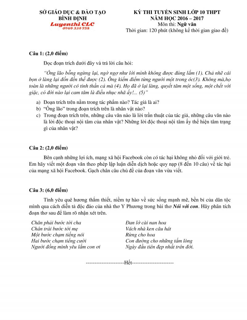 Đề thi tuyển sinh v&agrave;o lớp 10 THPT m&ocirc;n Ngữ Văn tỉnh B&igrave;nh Định năm 2017