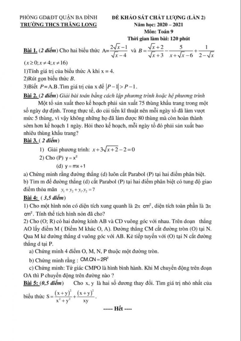 Đề Khảo Sát Chất Lượng Môn Toán Lớp 9 Lần 2 Trường Thcs Thăng Long Quận Ba Đình Hà Nội Năm 2021 9144