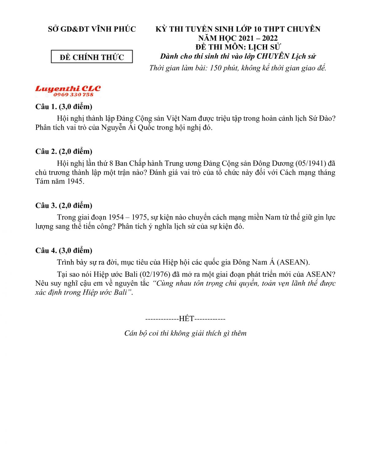 Đề thi tuyển sinh vào lớp 10 THPT CHUYÊN môn Lịch Sử tỉnh Vĩnh Phúc năm 2022
