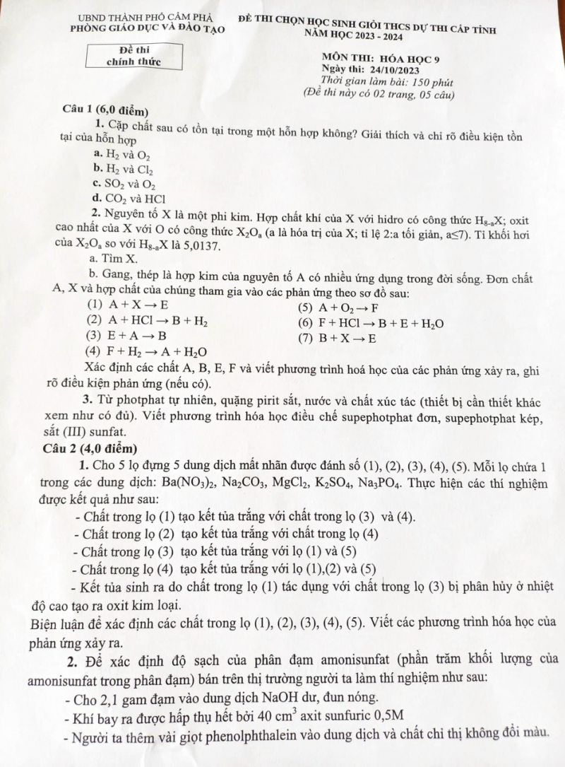 Đề thi chọn HSG môn Hóa Học lớp 9 thành phố Cẩm Phả tỉnh Quảng Ninh năm 2023