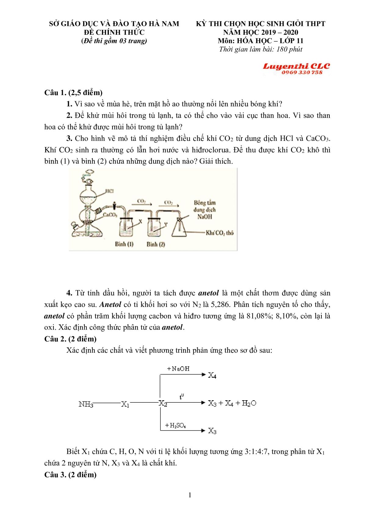 Đề thi chọn HSG và đáp án môn Hóa Học lớp 11 THPT tỉnh Hà Nam năm 2020