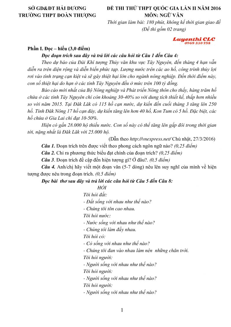 Đề thi thử THPT Quốc Gia lần 2 môn Ngữ Văn Trường THPT Đoàn Thượng tỉnh Hải Dương năm 2016