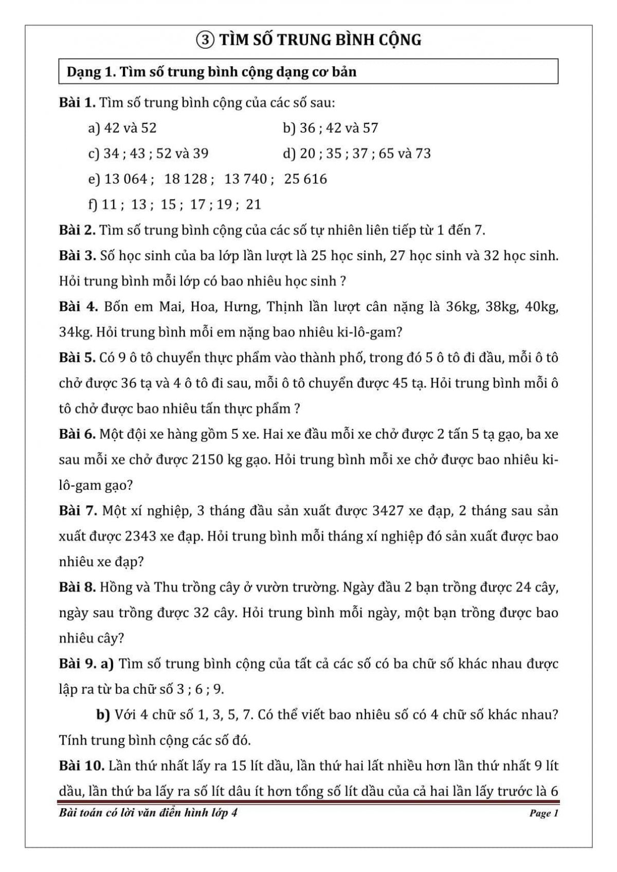 Những dạng toán đặc trưng lớp 4