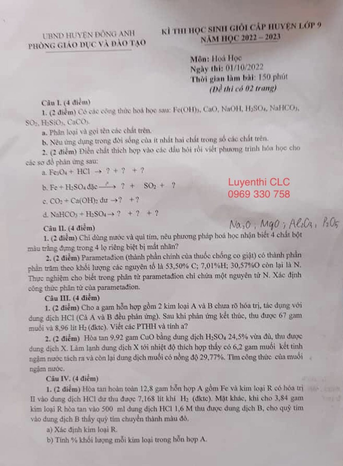 Đề thi chọn HSG môn Hóa Học lớp 9 huyện Đông Anh, Hà Nội năm 2022