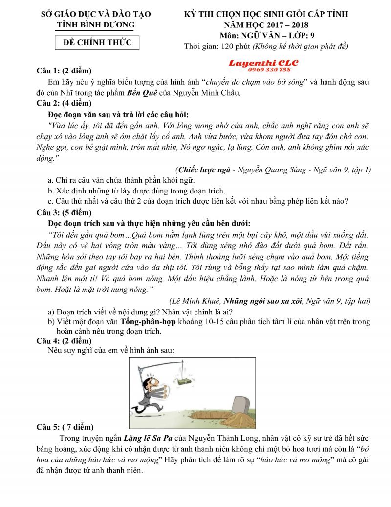 Đề thi chọn HSG cấp tỉnh m&ocirc;n Ngữ Văn 9 tỉnh B&igrave;nh Dương năm 2017