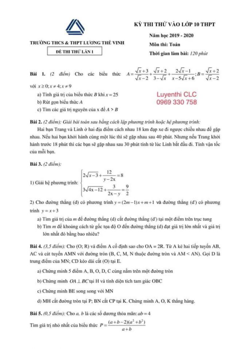 Đề thi thử v&agrave;o lớp 10 m&ocirc;n To&aacute;n Trường THCS &amp; THPT Lương Thế Vinh năm 2019