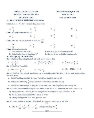 Đề kiểm tra học kì II môn Toán lớp 6 Trường THCS Nghĩa Tân, quận Cầu Giấy, Hà Nội năm 2019