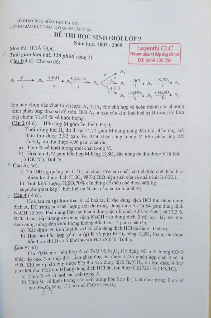 Đề thi HSG lớp 9 môn Hóa Học quận Cầu Giấy năm 2007