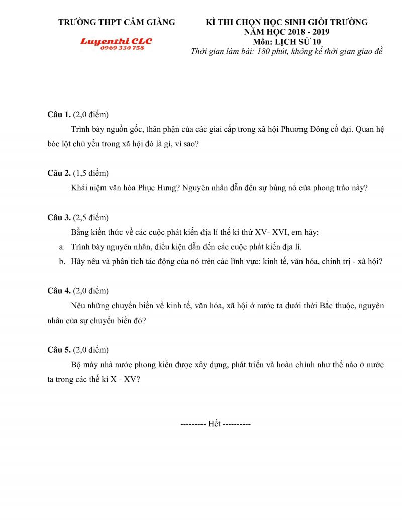 Đề thi chọn HSG cấp trường môn Lịch Sử khối 10 Trường THPT Cẩm Giàng, tỉnh Hải Dương năm 2018