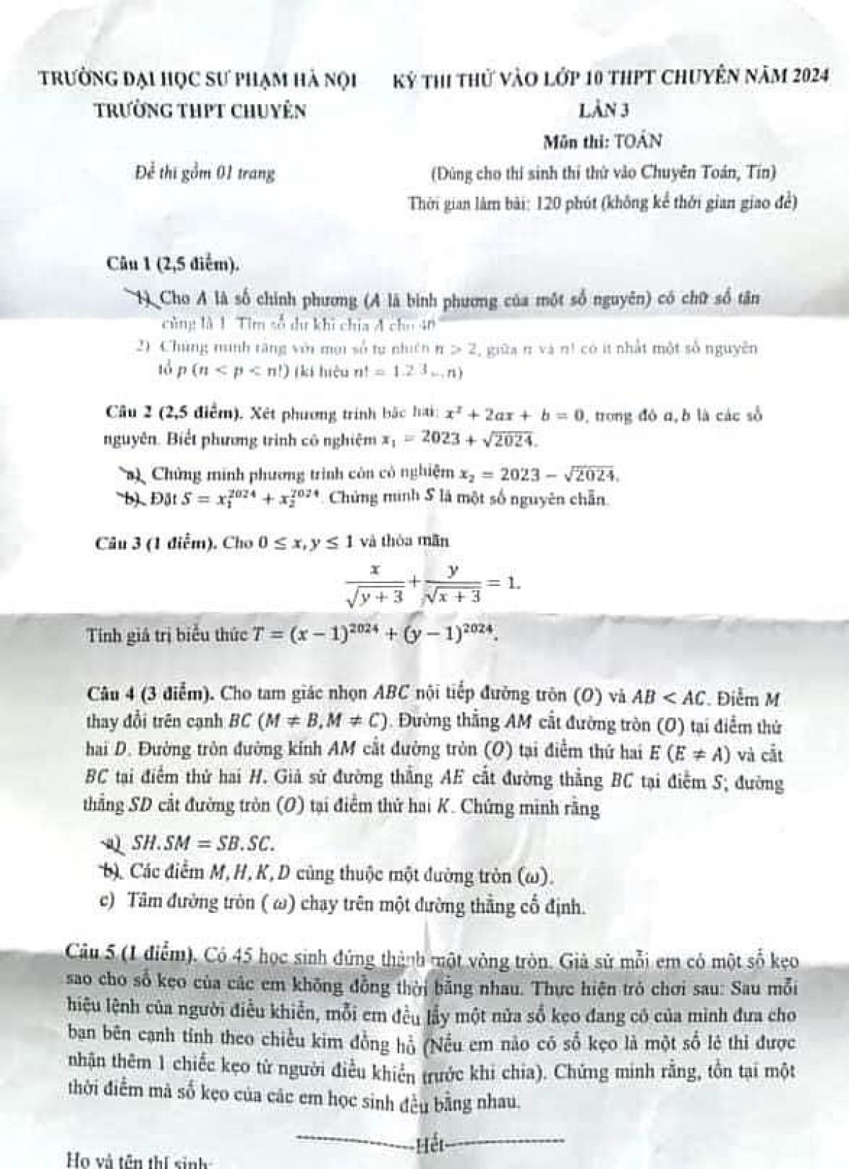 Đề thi thử vào 10 môn Toán (chuyên Toán - Tin) THPT chuyên ĐHSP Hà Nội năm 2024 lần III