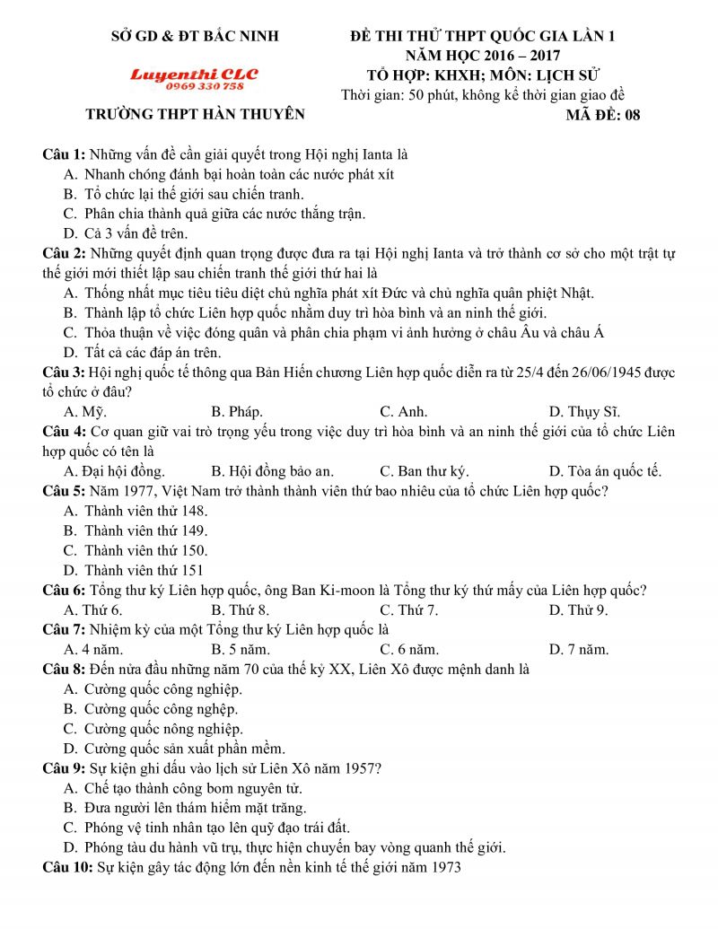 Đề thi thử THPT Quốc Gia môn Lịch Sử tỉnh Bắc Ninh năm 2017