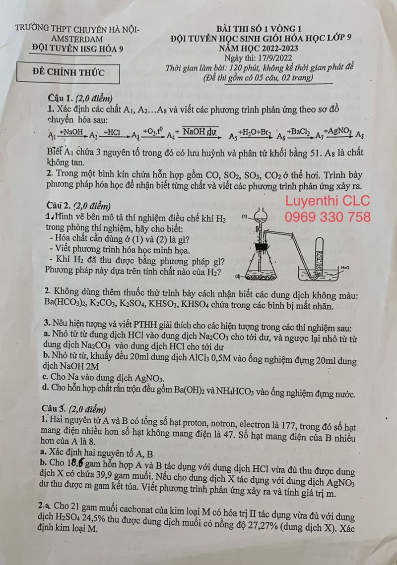 Đề thi chọn đội tuyển HSG môn Hóa Học lớp 9 vòng 1 Trường THPT CHUYÊN Hà Nội Amsterdam năm 2022
