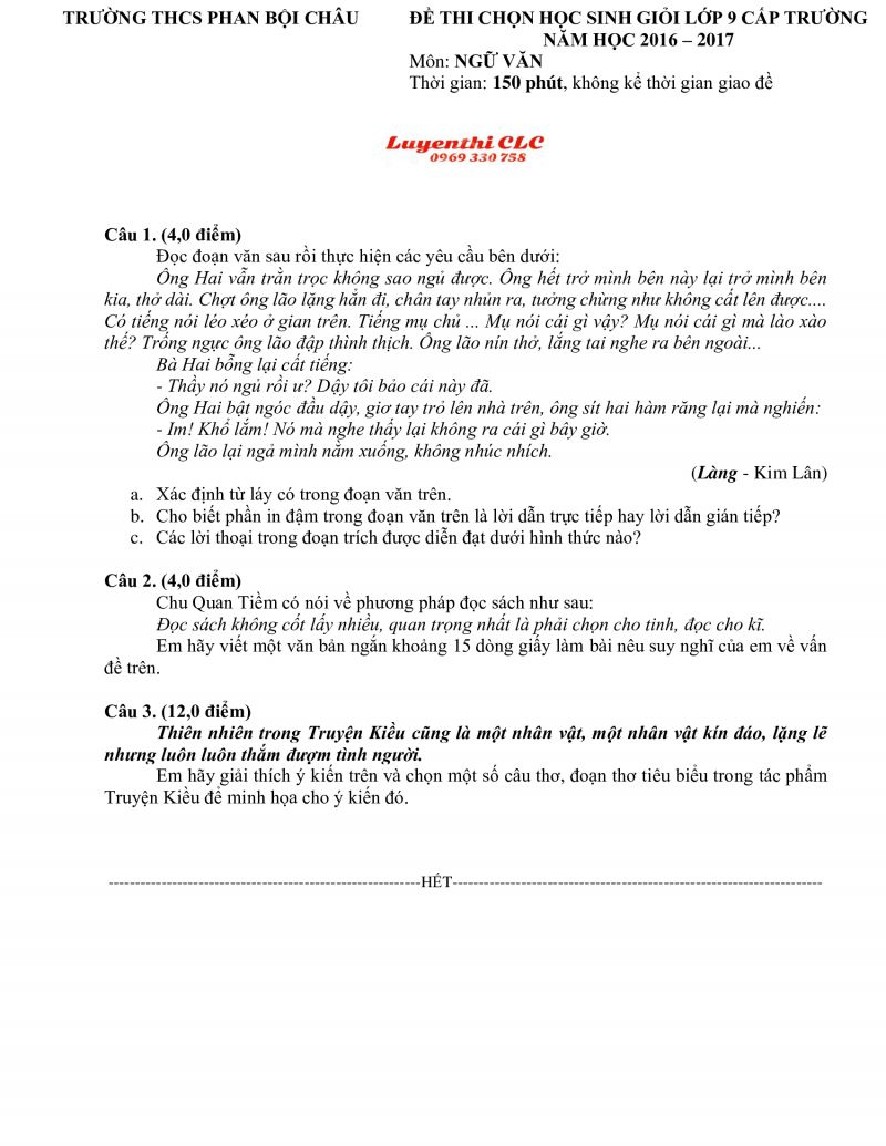 Đề thi chọn HSG lớp 9 cấp trường, Trường THCS Phan Bội Ch&acirc;u m&ocirc;n Ngữ Văn tỉnh Quảng Nam năm 2016