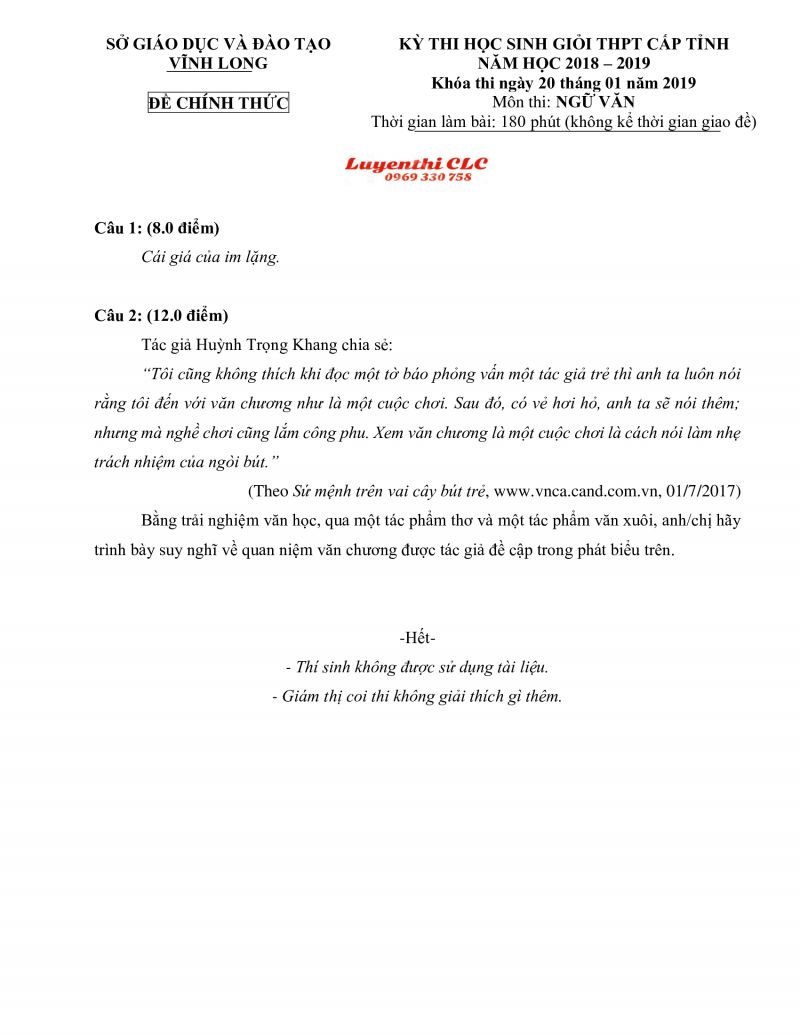 Đề thi chọn HSG THPT cấp tỉnh m&ocirc;n Ngữ Văn tỉnh Vĩnh Long năm 2019