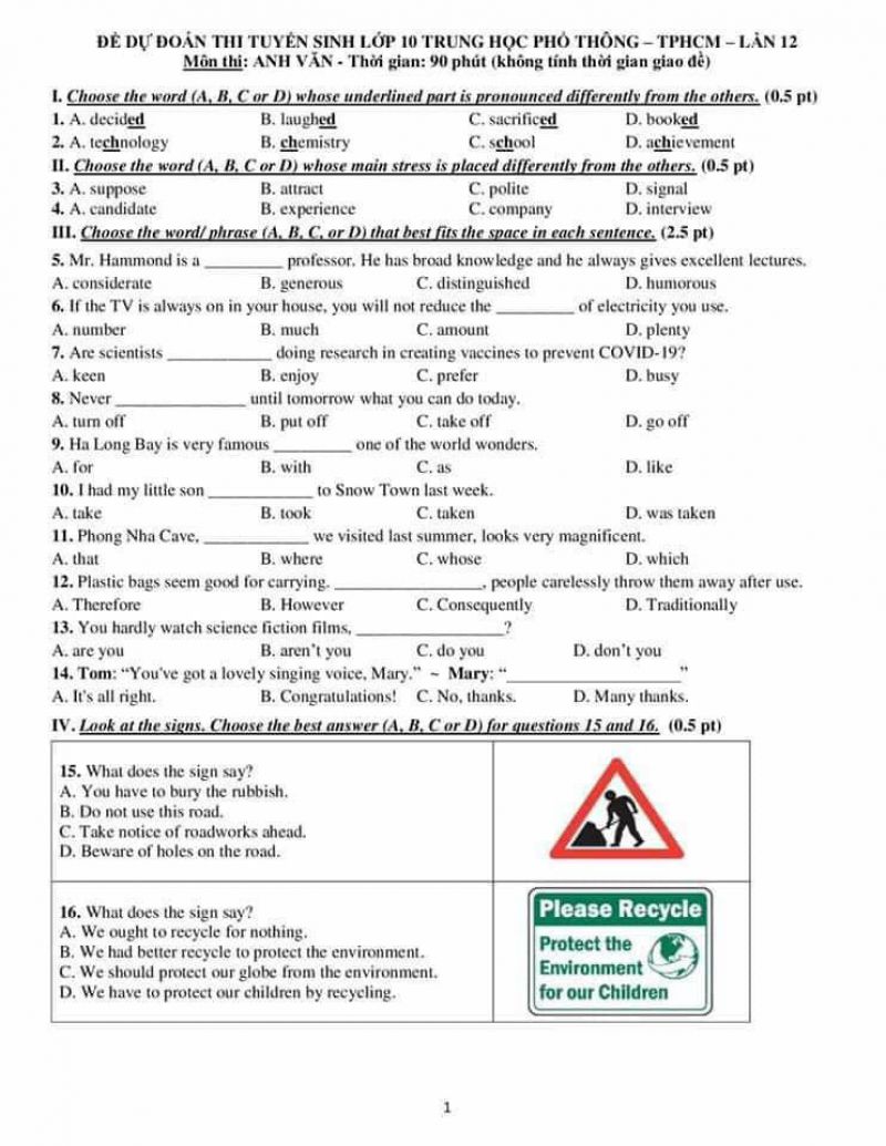 Đề dự đoán thi tuyển sinh vào lớp 10 THPT - TPHCM - Lần 12 và đáp án môn Anh Văn