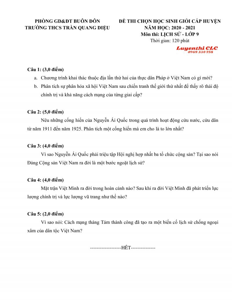 Đề thi chọn HSG môn Lịch Sử lớp 9 Trường THCS Trần Quang Diệu huyện Buôn Đôn, tỉnh Đắk Lắk năm 2020