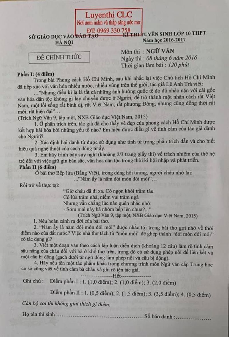 Đề thi tuyển sinh vào lớp 10 THPT môn Ngữ Văn tại Hà Nội năm 2016