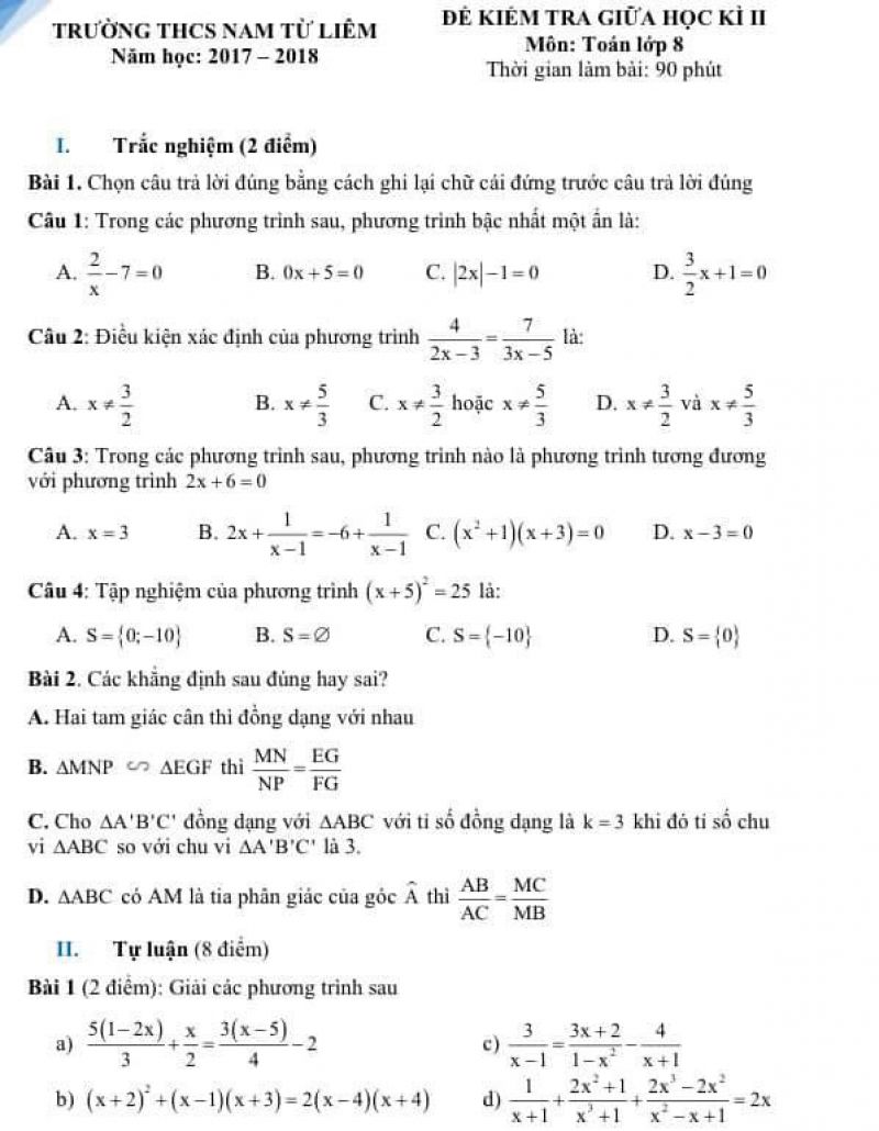 Đề kiểm tra giữa học k&igrave; II m&ocirc;n To&aacute;n lớp 8 Trường THCS Nam Từ Li&ecirc;m, H&agrave; Nội năm 2017
