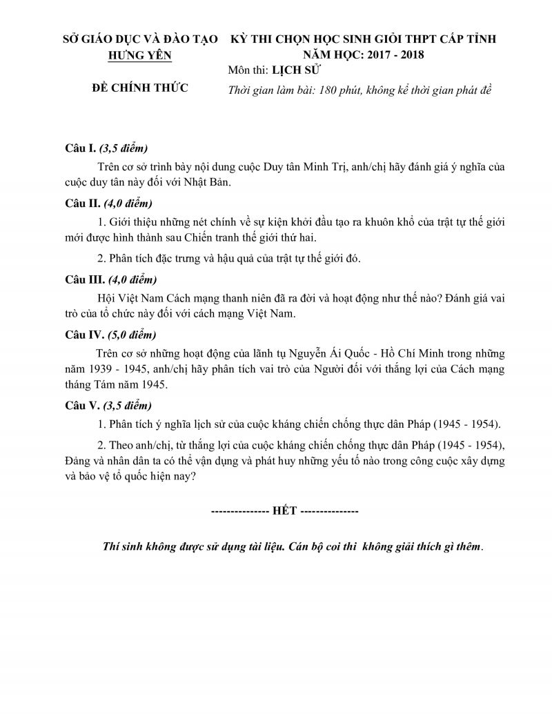 Đề thi chọn HSG THPT cấp tỉnh m&ocirc;n Lịch Sử tỉnh Hưng Y&ecirc;n năm 2017