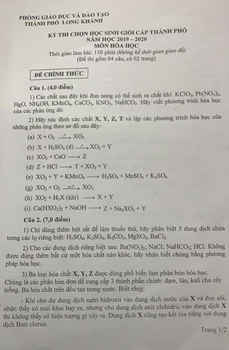 Đề thi chọn HSG môn Hóa Học thành phố Long Khánh, tỉnh Đồng Nai năm 2020