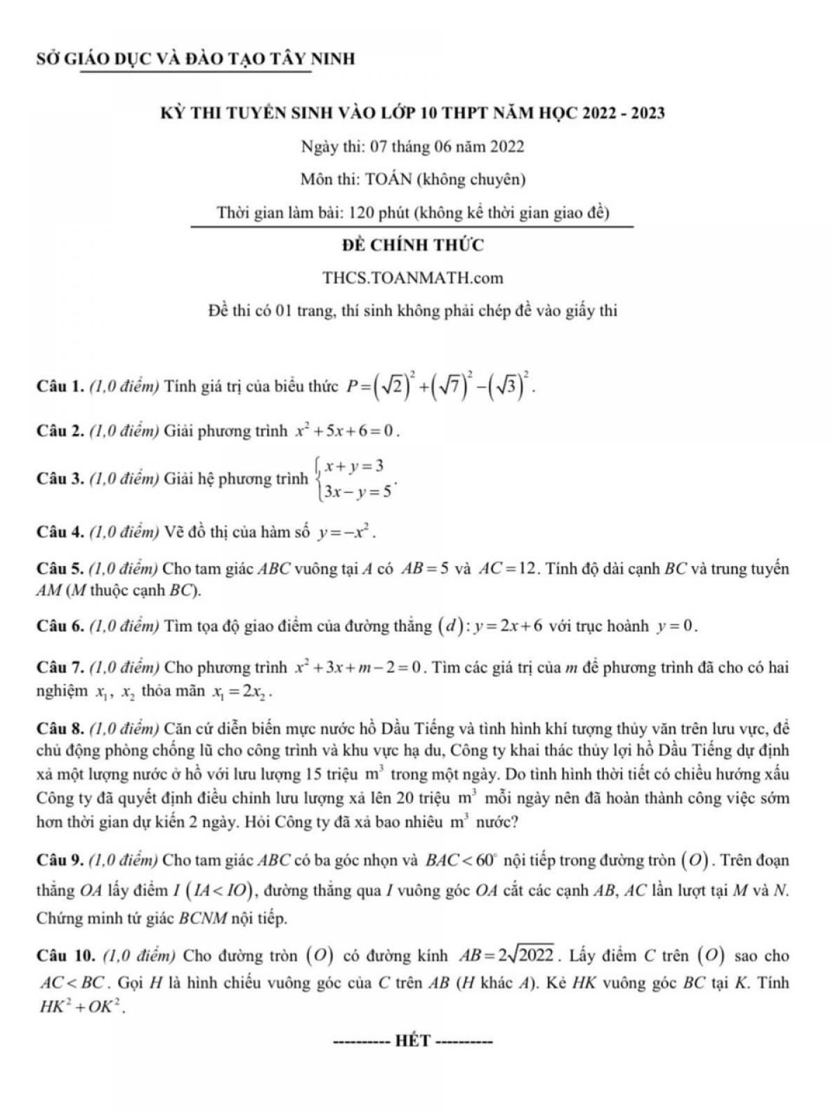 Đề thi tuyển sinh vào lớp 10 THPT môn Toán tỉnh Tây Ninh năm 2022