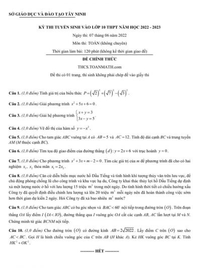 Đề thi tuyển sinh vào lớp 10 THPT môn Toán tỉnh Tây Ninh năm 2022