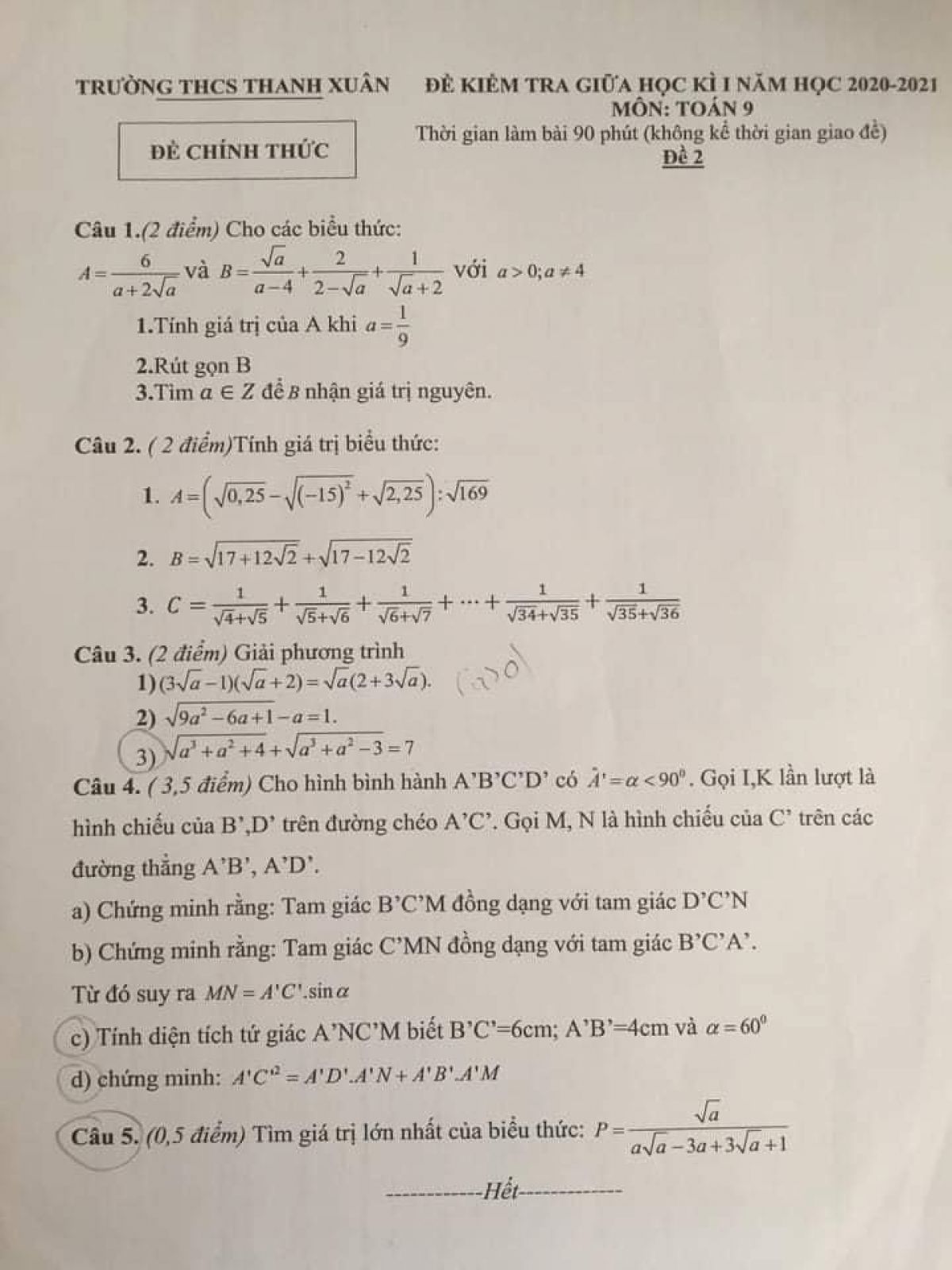 Đề kiểm tra giữa học k&igrave; I m&ocirc;n To&aacute;n lớp 9 - đề số 2, Trường THCS Thanh Xu&acirc;n năm 2020