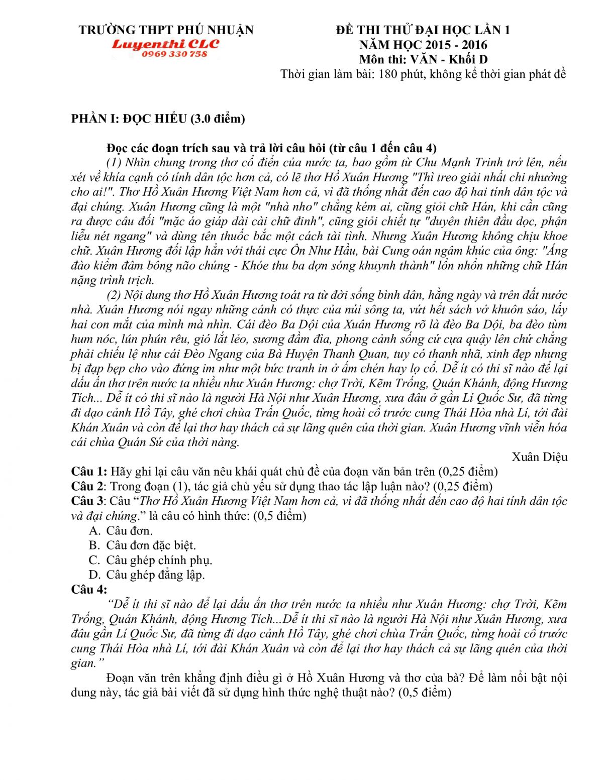 Đề thi thử m&ocirc;n Ngữ Văn lớp 12 Trường THPT Ph&uacute; Nhuận, th&agrave;nh phố Hồ Ch&iacute; Minh năm 2015