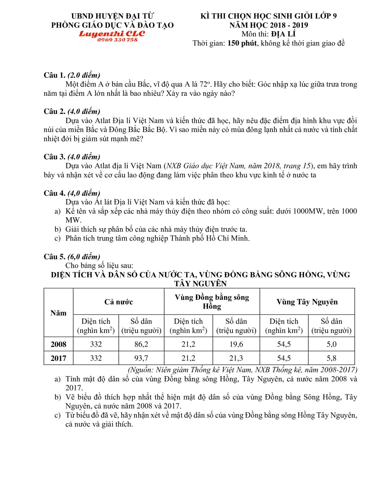 Đề thi chọn HSG lớp 9 m&ocirc;n Địa L&iacute; tỉnh Th&aacute;i Nguy&ecirc;n năm 2018