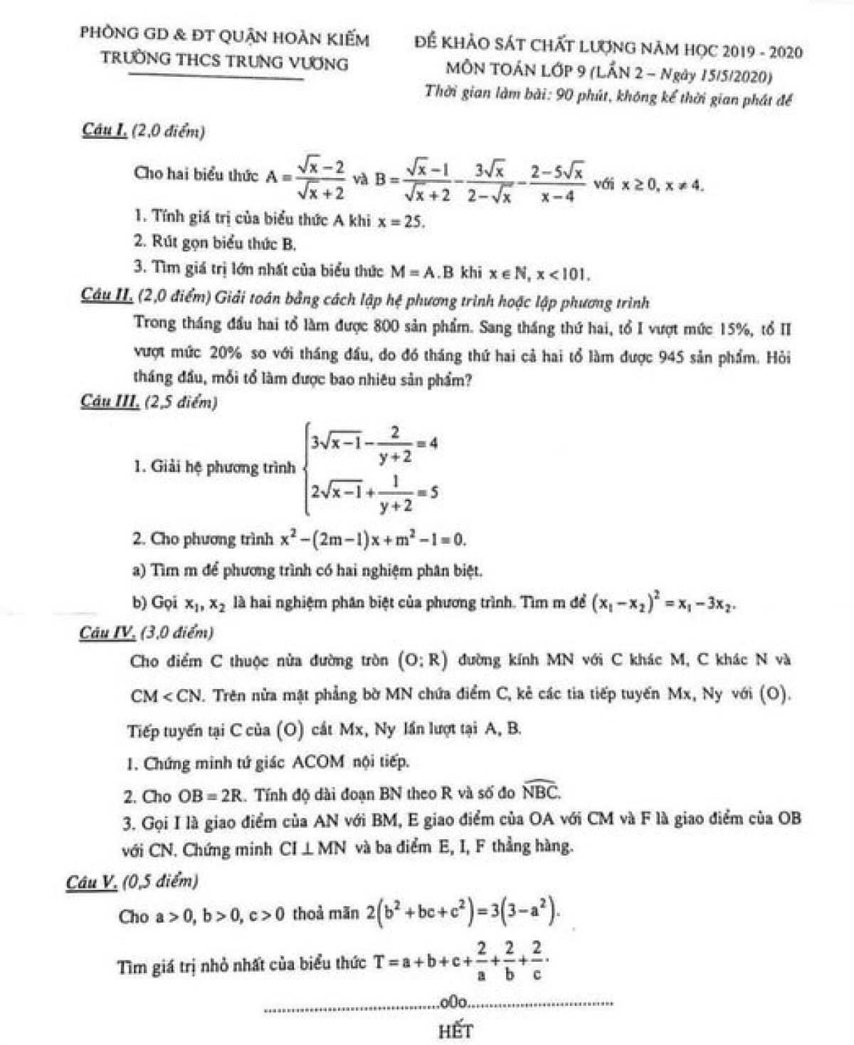 Đề khảo s&aacute;t chất lượng m&ocirc;n To&aacute;n lớp 9 lần 2 Trường THCS Trưng Vương, Quận Ho&agrave;n Kiếm năm 2020