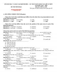 Đề thi tuyển sinh v&agrave;o lớp 10 THPT m&ocirc;n Tiếng Anh tỉnh Kh&aacute;nh H&ograve;a năm 2020