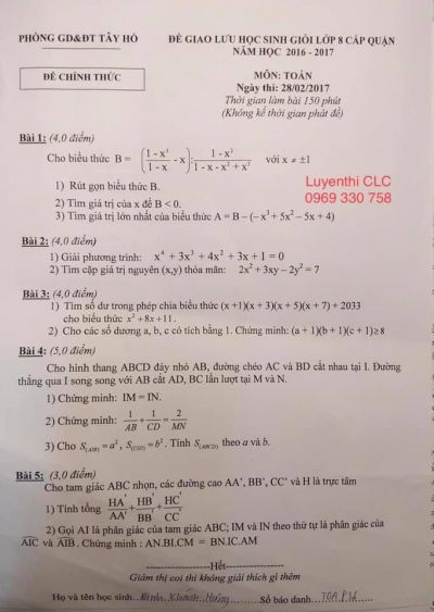 Đề giao lưu HSG môn Toán lớp 8 quận Tây Hồ, Hà Nội năm 2017