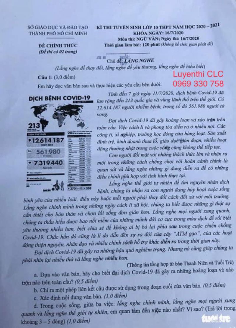 Đề thi m&ocirc;n NGỮ VĂN - tuyển sinh v&agrave;o lớp 10 THPT Th&agrave;nh phố Hồ Ch&iacute; Minh năm 2020 (thi s&aacute;ng ng&agrave;y 16/7/2020)
