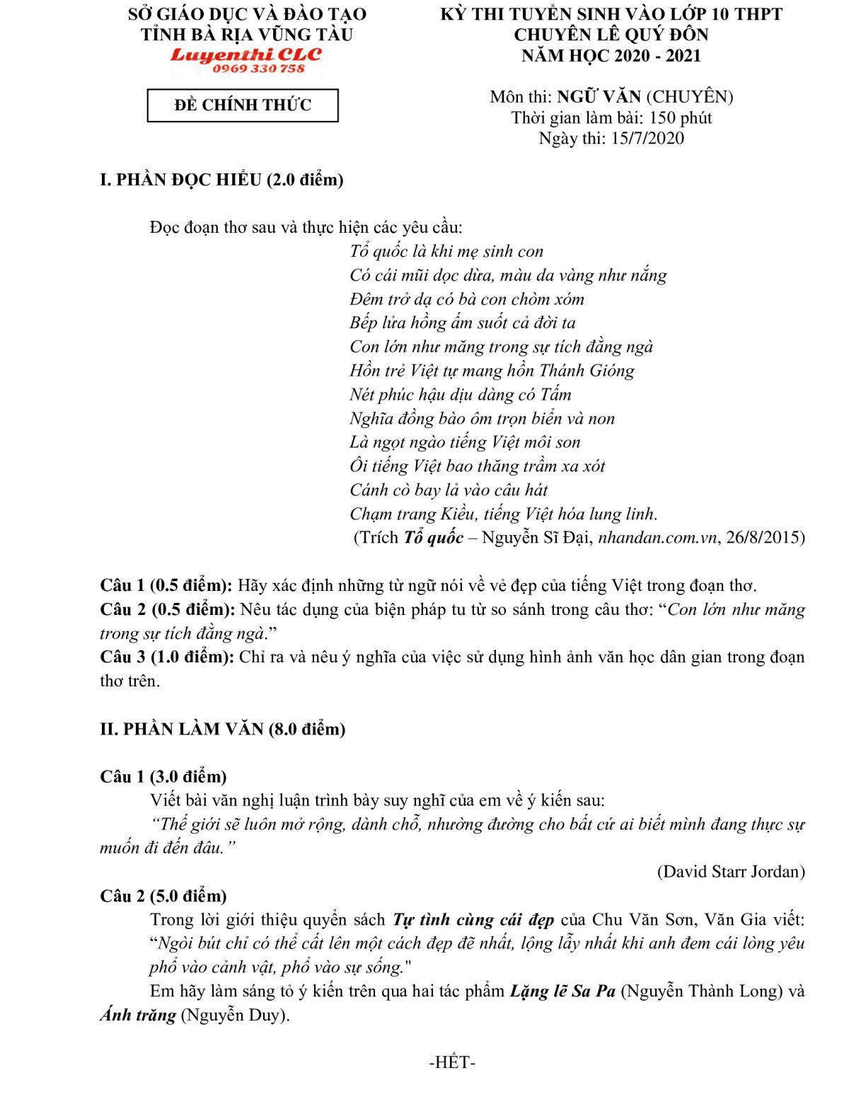 Đề thi tuyển sinh vào lớp 10 môn Ngữ Văn Trường THPT CHUYÊN Lê Qúy Đôn, tại Bà Rịa - Vũng Tàu năm 2020