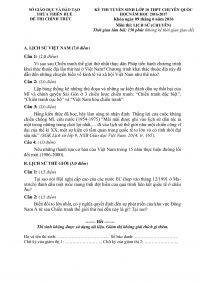 Đề thi tuyển sinh v&agrave;o lớp 10 THPT CHUY&Ecirc;N QUỐC HỌC m&ocirc;n Lịch Sử tại Thừa Thi&ecirc;n Huế năm 2016