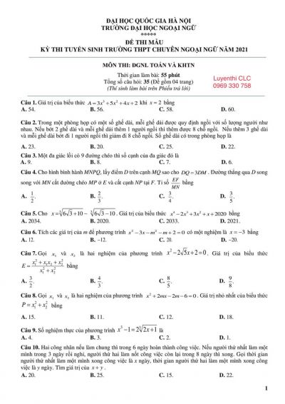 Đề thi tuyển sinh mẫu và đáp án môn Toán Trường THPT CHUYÊN Ngoại Ngữ, Hà Nội năm 2021