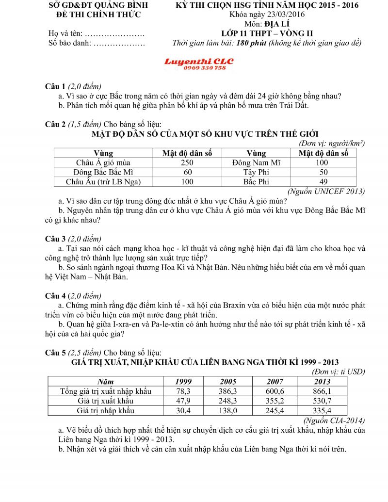 Đề thi chọn HSG tỉnh môn Địa Lí lớp 11 THPT - vòng 2 tỉnh Quảng Bình năm 2016