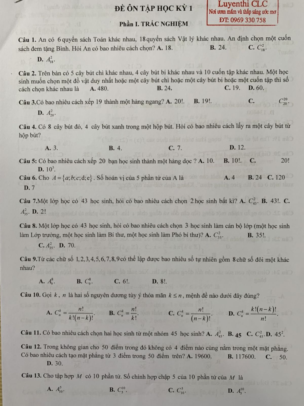 Đề &ocirc;n tập học k&igrave; I m&ocirc;n To&aacute;n