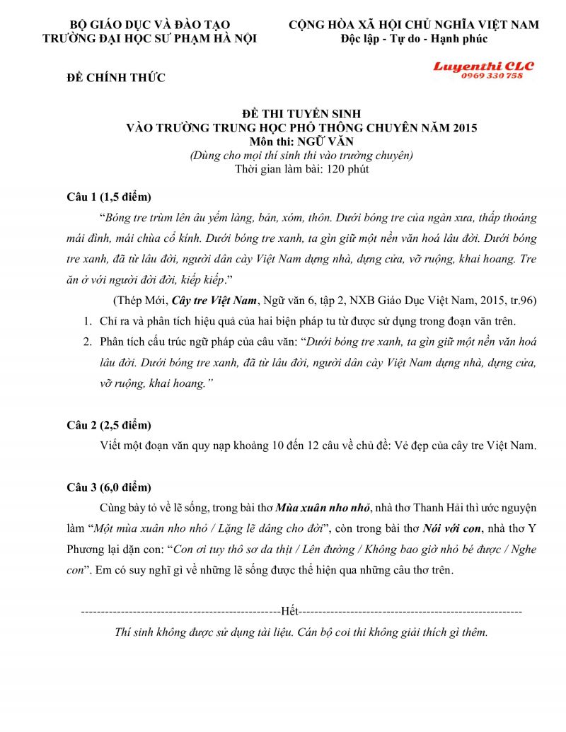 Đề thi tuyển sinh v&agrave;o trường THPT CHUY&Ecirc;N m&ocirc;n Ngữ Văn Trường Đại học Sư phạm H&agrave; Nội năm 2015